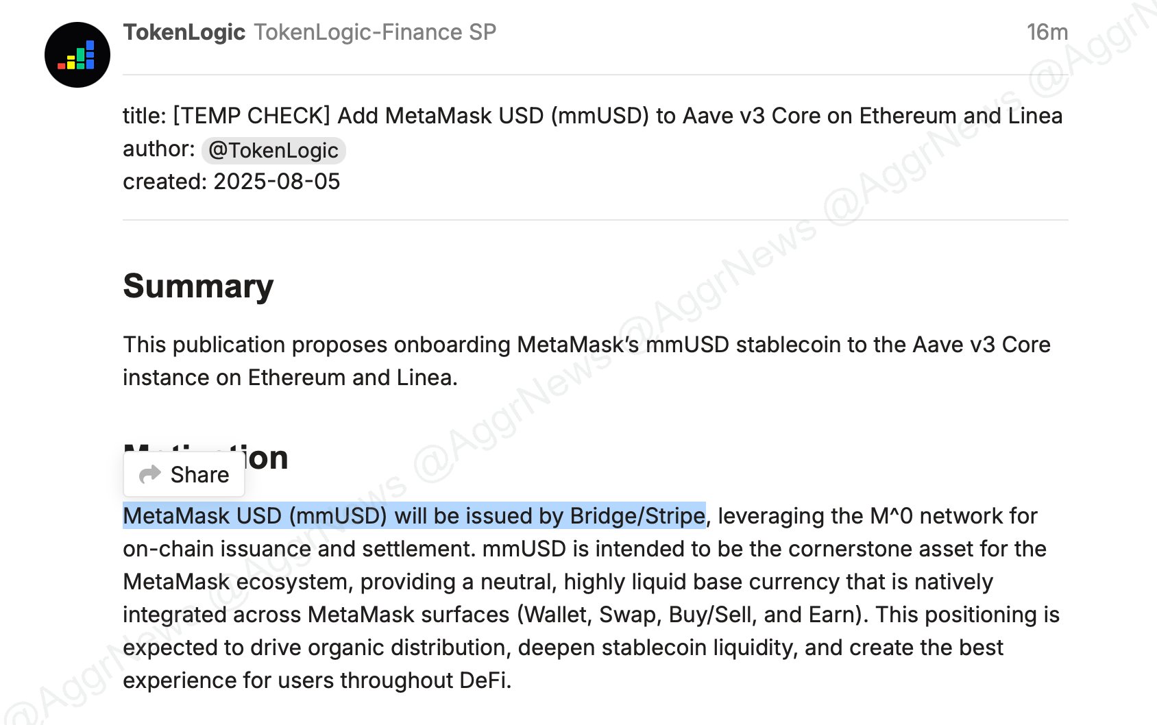 Proposal highlighting imminent MetaMask USD stablecoin | Source X